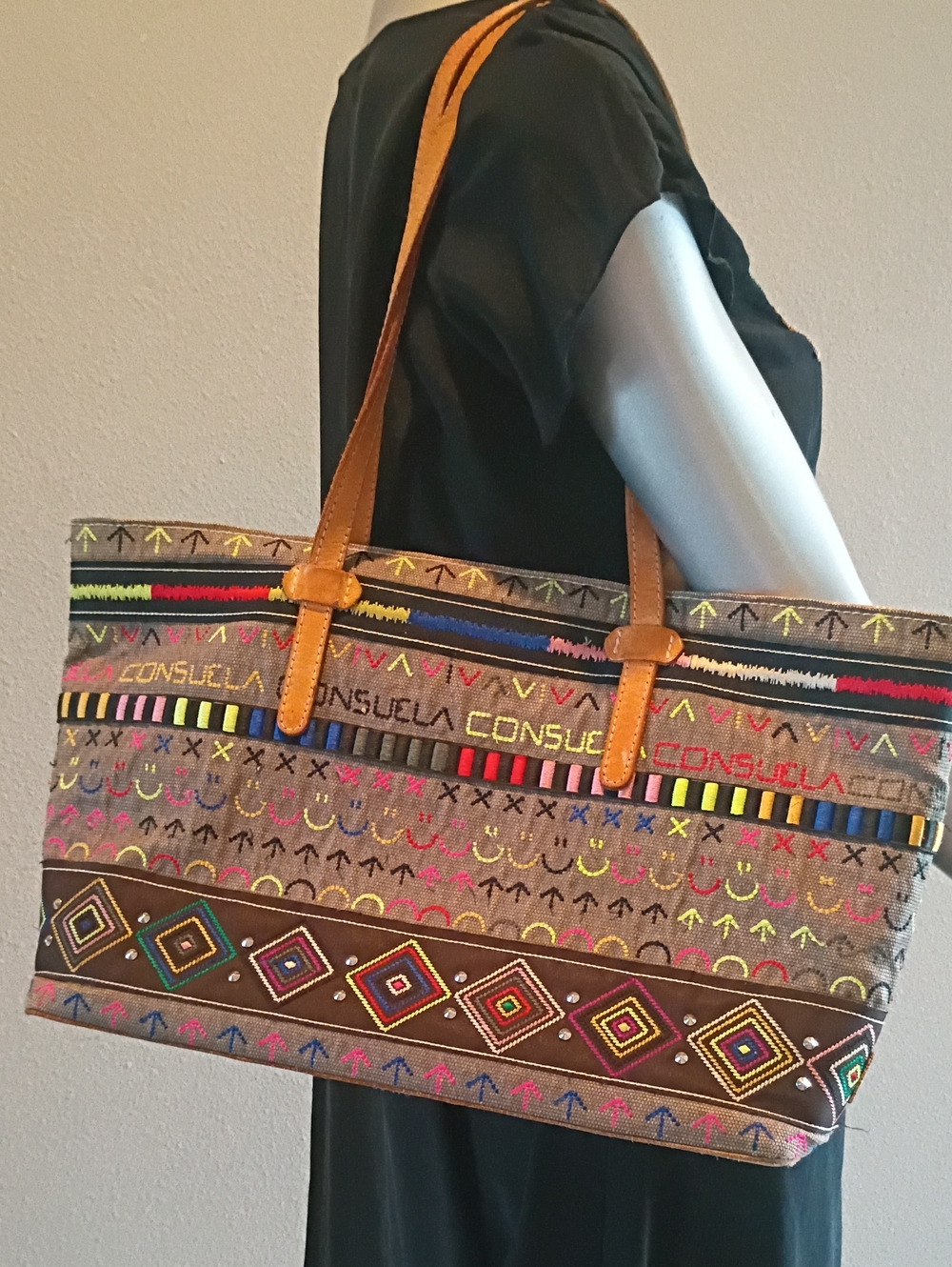 Consuela-Ryan Tote Rare Embroidered Southwest Neon Leather Straps & Details